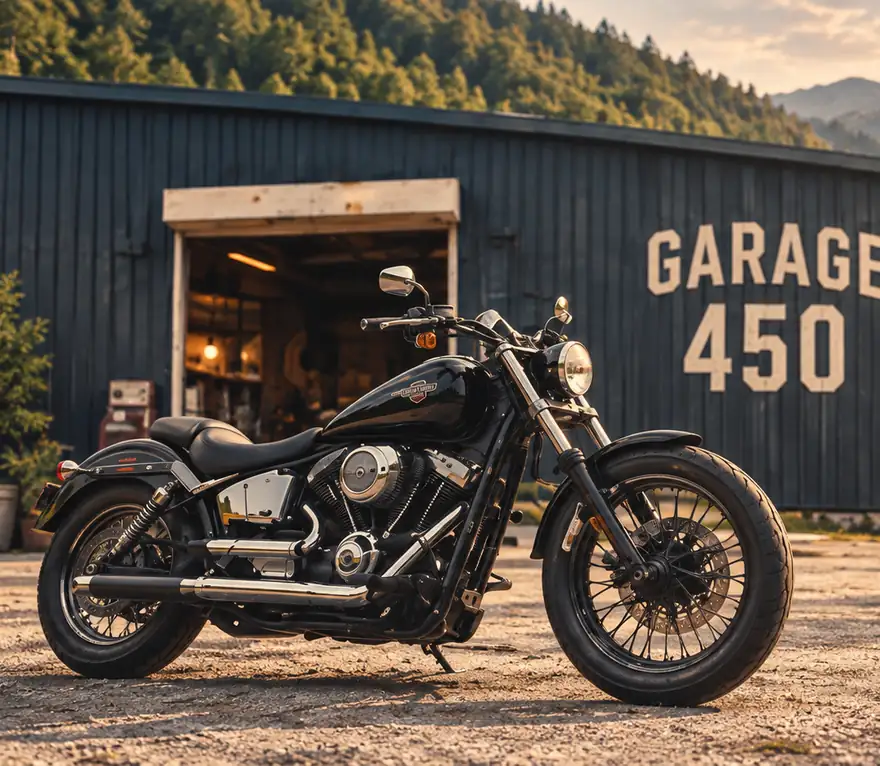 黒いオートバイが、「GARAGE 450」と書かれたガレージの前に停まっている