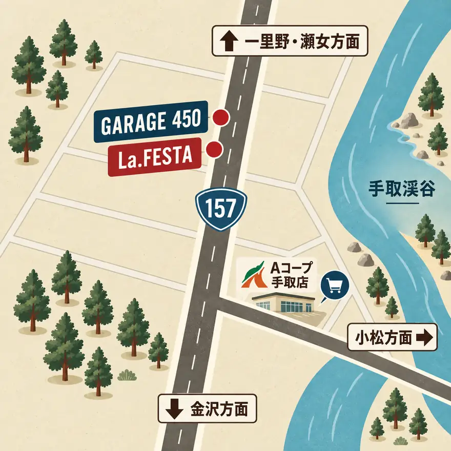 国道157号沿いの案内図。GARAGE 450 と La.FESTA は道の西側、南へ行くと金沢方面、北へ行くと一里野・瀬女方面、東のAコープ手取店の先が小松方面、東側に手取渓谷